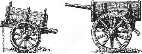 vintage wooden cart illustration with large spoked wheels, side and front views, rustic transportation design
