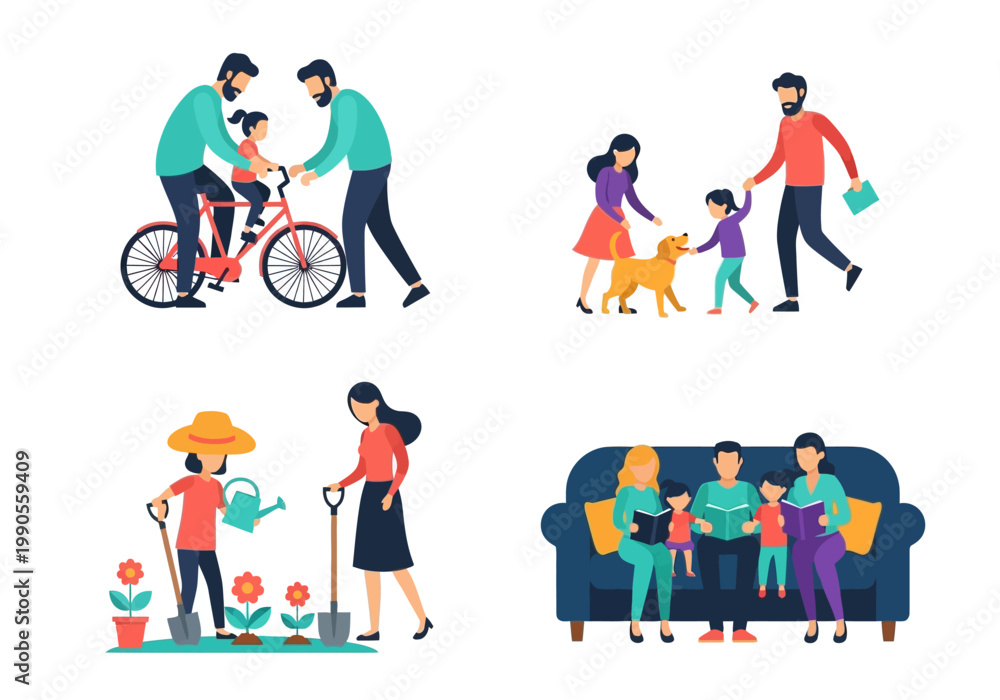 Fototapeta premium Modern Flat Vector Illustration Set of Family Activities Including Cycling, Gardening, Walking a Dog, and Reading Together on a Sofa
