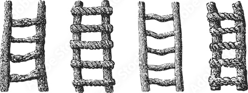 Set of four hand drawn wooden ladders with rustic texture and uneven rungs in vintage sketch