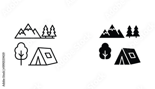 Camping and outdoor adventure icon set with mountain peak tree and tent symbols in graphic styles