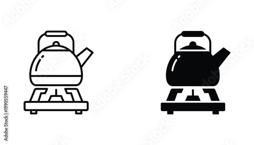 Stovetop tea kettle on burner icon set for cooking and kitchen appliance graphic design projects