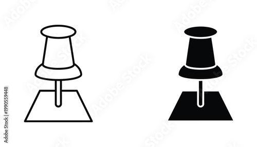 Office supply push pin icon set featuring sharp tack design in clean outline and solid black graphic styles