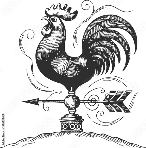 Vintage rooster weather vane illustration with directional arrow and ornate detailing