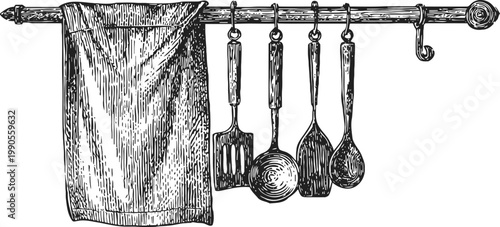 Vintage kitchen utensils hanging on rod with cloth towel, hand drawn cooking tools illustration