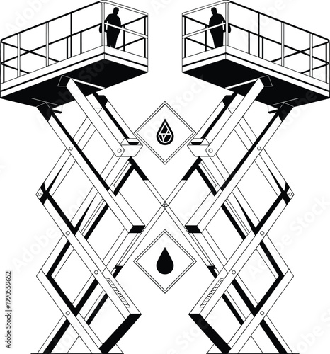 Dual scissor lifts, hydraulic platforms, worker safety, construction machinery silhouettes, flat vector illustration