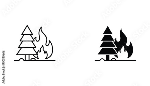 Burning pine tree icon set showing forest fire danger and environmental hazard warning symbols