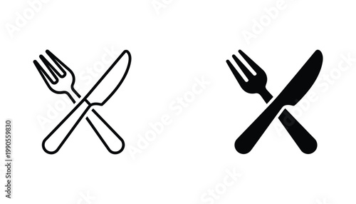 Dining cutlery set consisting of crossed fork and knife vector icon for restaurant menu and catering service branding in minimalist black and white outline and solid silhouette style for food industry