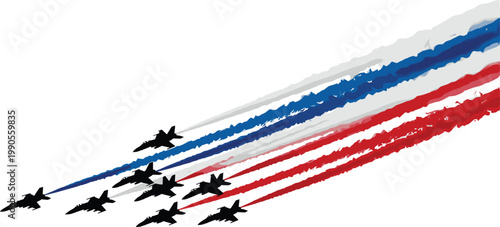 Dynamic Jet Fighter Squadron Formation with Textured Red White and Blue Smoke Trails for Patriotic Air Show Military Aviation and National Holiday Celebration