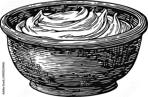 Woodcut bowl filled with creamy yogurt or sour cream illustration