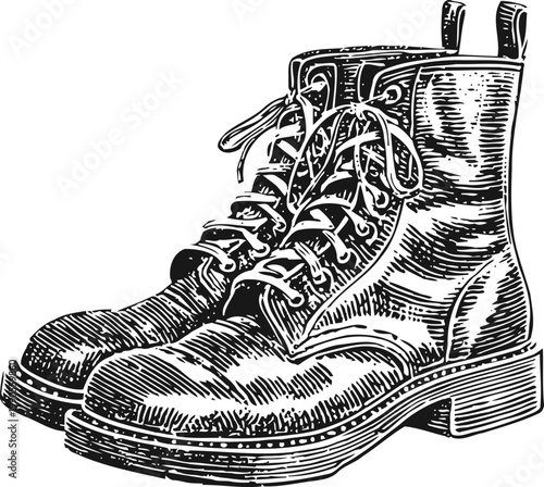 Vintage leather boots with laces, sturdy footwear illustration with detailed stitching and sole design