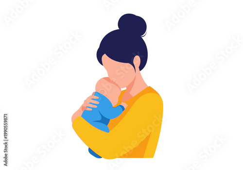 Modern Minimalist Vector Illustration of a Mother Holding a Newborn Baby; Concept of Motherhood, Bonding, and Maternal Love.