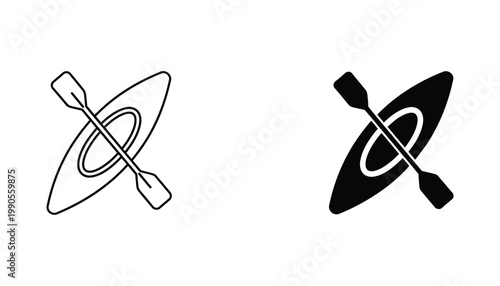 Kayaking and rowing sports equipment vector icon set featuring a canoe with a paddle for water recreation and adventure travel concepts in black and white outline and solid silhouette graphic styles