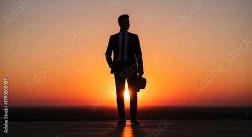 Silhouette of a man in suit at sunset dramatic light and shadow