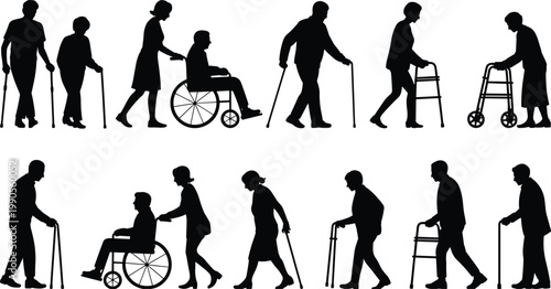 Elderly silhouettes with mobility aids support accessibility care flat vector