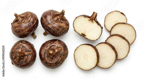 Fresh whole and sliced water chestnut showing white interior