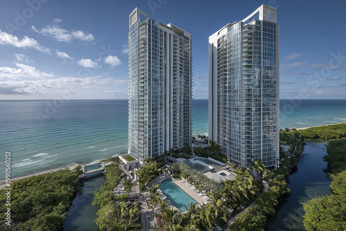 Oceanfront condominium towers with glass facades overlooking tranquil blue sea, surrounded by lush greenery and swimming pool, under clear sky with scattered clouds