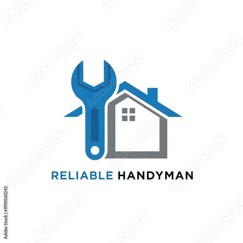 Reliable handyman service logo illustration featuring a house graphic with a prominent wrench, symbolizing expert home repair, maintenance, and improvement solutions