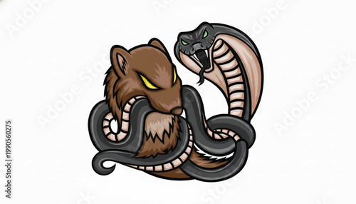Warrior wolf and snake mascot fighting with gray heavy tires, cartoon style esports logo on white background