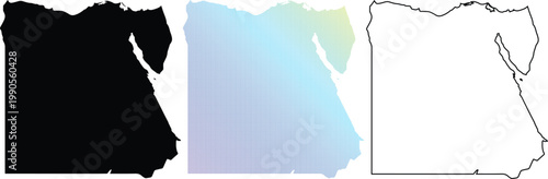 Set of Egypt Map Silhouettes featuring Solid Black, Dotted Blue Gradient, and Outline Vector Designs for Geographic and Travel Projects