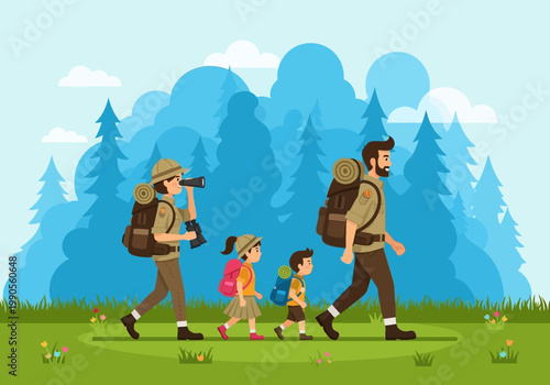 Happy Family Hiking in the Forest Vector Illustration - Parents and Children Backpacking in Nature Outdoors