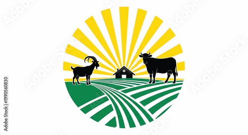Cow silhouettes with farm house and sunburst over green wheat field stripes emblem illustration featuring cattle, ranch, sunrise with logo and badge