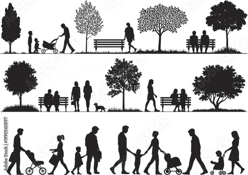 Family silhouettes in park walking sitting with children stroller outdoor scene