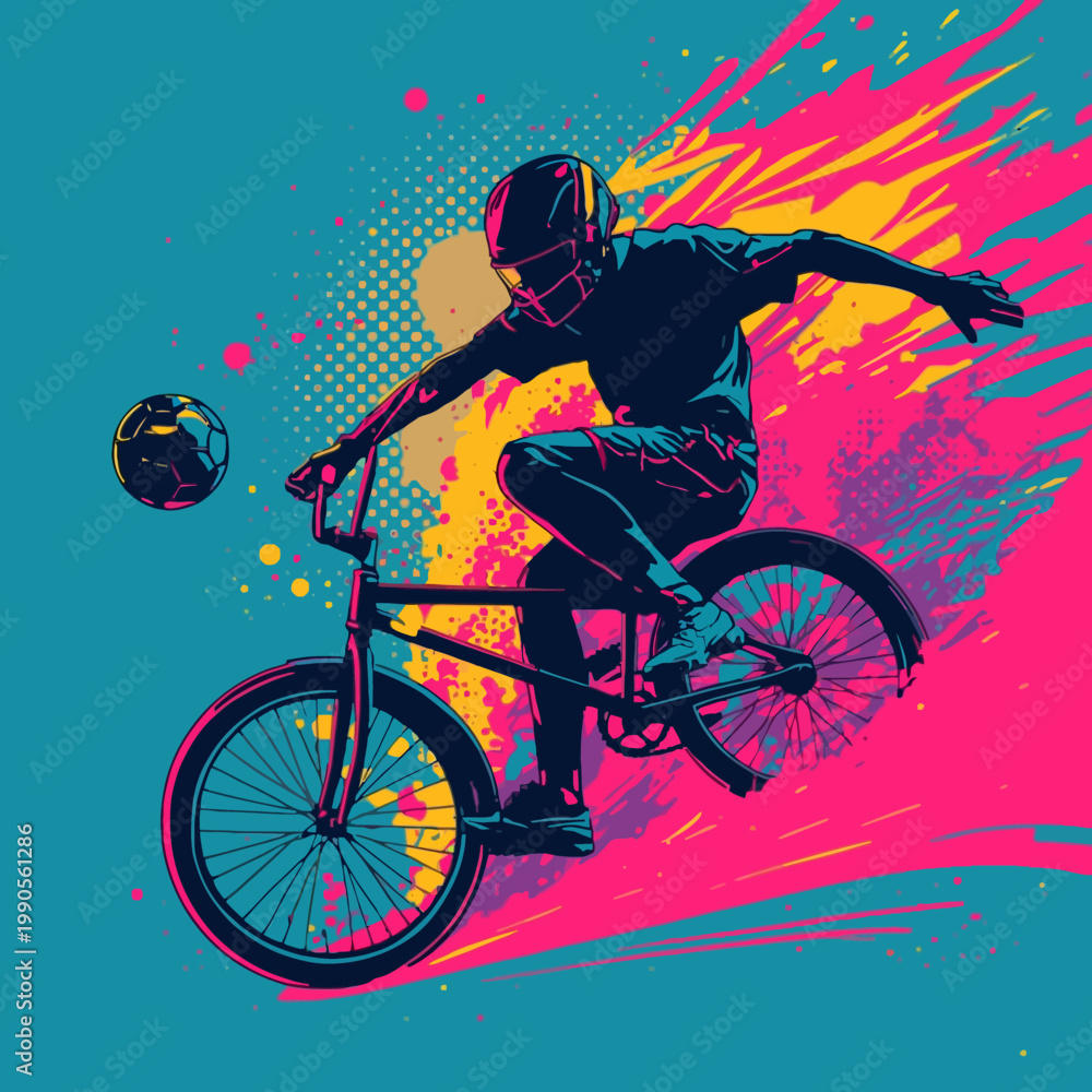 Naklejka premium Dynamic illustration of a BMX rider executing a daring trick. The illustration uses vibrant colors and bold lines to capture the energy and skill of the rider