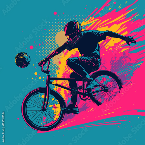 Dynamic illustration of a BMX rider executing a daring trick. The illustration uses vibrant colors and bold lines to capture the energy and skill of the rider