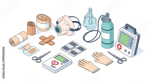 A comprehensive collection of essential medical supplies and equipment for emergency first aid and resuscitation, including bandages, masks, oxygen, gloves, and an AED.