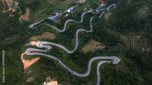Ha Giang Loop. Picturesque curvy Pass on QL4C Mountain Road in Northern Vietnam. Chin khoanh ramp, UNESCO world heritage