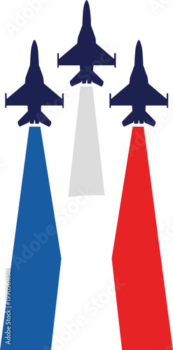 Patriotic Jet Fighter Formation Set with Red White and Blue Smoke Trails for Independence Day Military Air Show and National Celebration Vector Designs