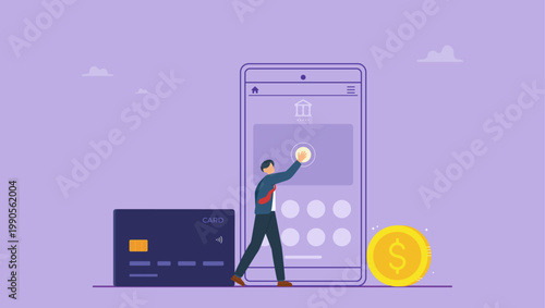 Businessman synchronize bank card to mobile app. Save and connect bank card to financial mobile application concept.