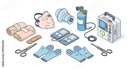 A comprehensive collection of medical emergency equipment, including bandages, gloves, scissors, a mask, oxygen tank, and a portable defibrillator.