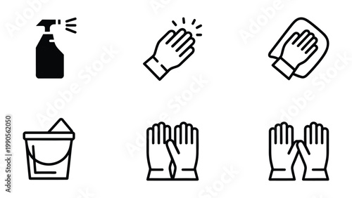 Cleaning Essentials: An illustrative array showcasing cleaning tools like a spray bottle, gloved hand, wiping hand with cloth, a bucket with cleaning solution, and various types of gloves