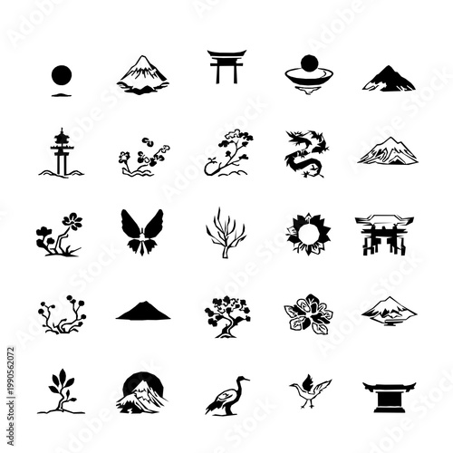 Japanese Cultural Symbols 20 Icon Set Line Art