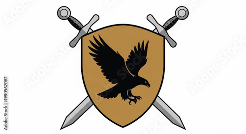 Shield emblem with black eagle silhouette, crossed swords, and vintage heraldic logo design for warrior branding