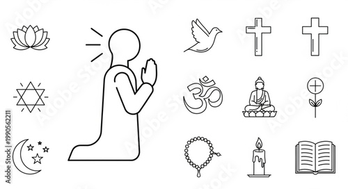 Collection of Religious Symbols and a Praying Person.