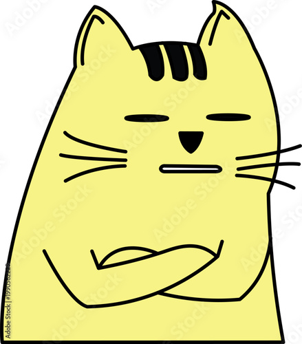 Funny cartoon cat with folded arms and bored expression