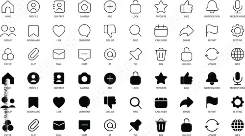 Social media interface icons set. Minimalist outline and solid black line art symbols. Vector collection for website ui, mobile app, communication, networking, web development, web navigation design.
