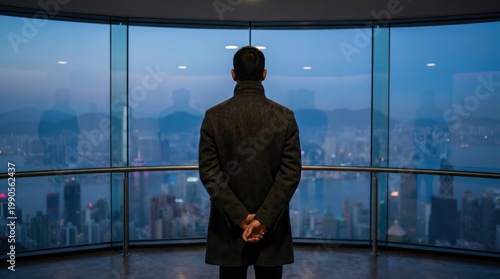 Man in coat looking through panoramic observatory window at cityscape