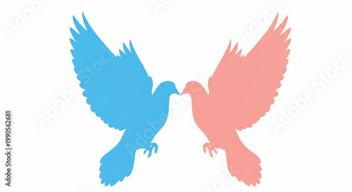 Bird wings illustration with blue and pink doves facing each other on a clean white background featuring dove, peace sign, love with harmony and