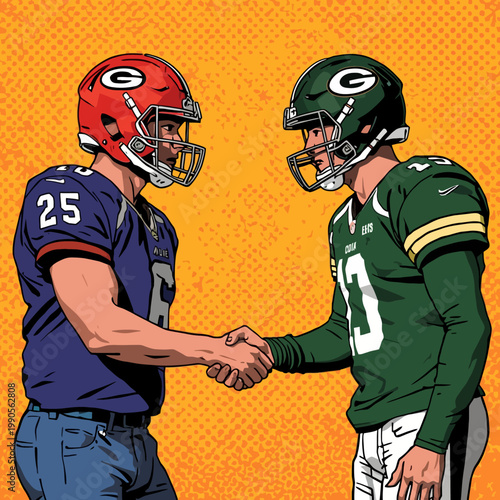 Two football players in uniforms shaking hands after a game. The illustration captures the spirit of sportsmanship and respect
