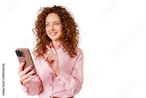 Woman smiling while using a smartphone, interacting with mobile technology and digital communication, transparent background
