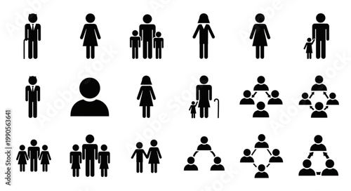 Collection of diverse human pictogram icons representing families and groups.