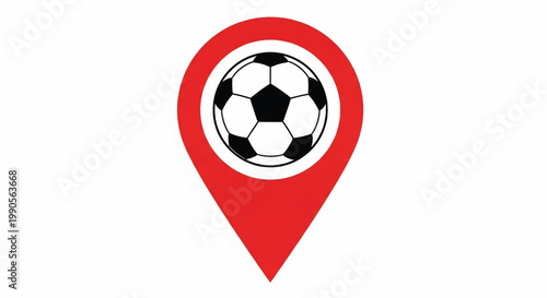Soccer ball icon inside red map pin with white ring, sports location symbol for football games and navigation