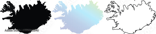 Set of Iceland country maps featuring a solid black silhouette, a blue-green gradient pixelated grid, and a clean minimalist outline on a white background.