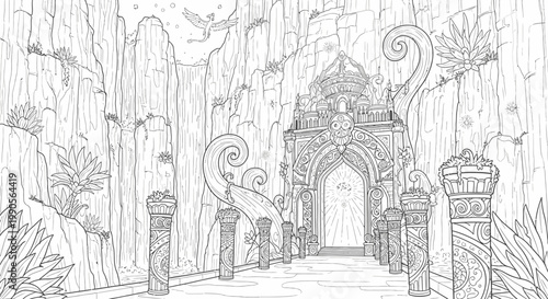 Fantasy gate illustration intricate architectural design landscape scenery