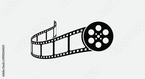 Film strip icon with circular movie reel symbol and perforations for cinema production and video editing themes