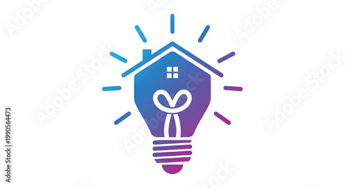 Light bulb home icon with sun rays and smile symbol for eco-friendly energy and smart house ideas featuring sustainability, green technology, solar