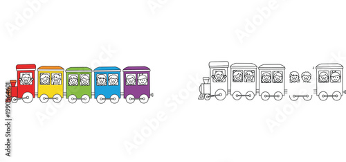 Kids Rainbow Train Coloring Page, Toy Steam Locomotive with Happy Children Illustration, Black and White Outline Vector Set for Educational Activity and Creative Play